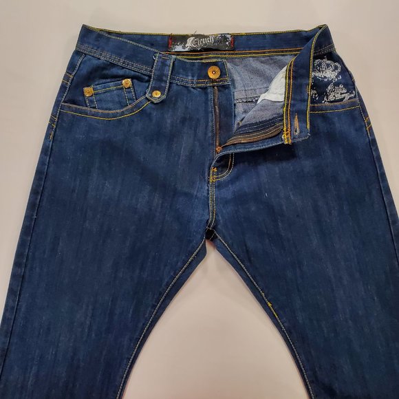 Clench Jeans Mens 36x32 Blue Denim Baggy Straight Leg Patchwork Grunge Vintage - Picture 7 of 16